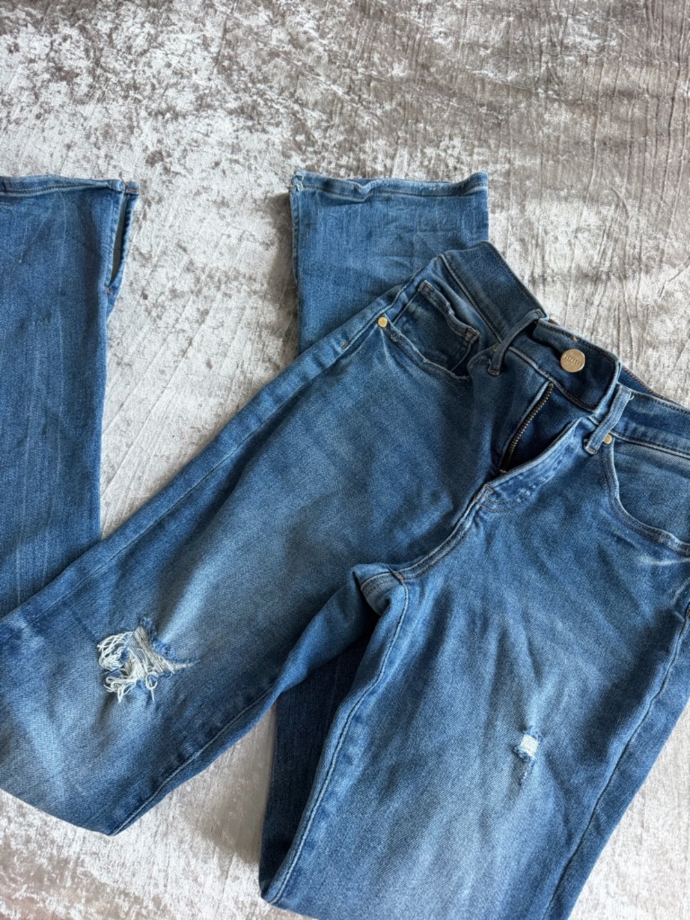express blue wash distressed stacked jeans